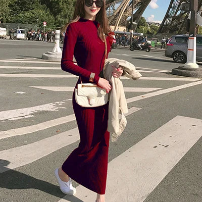 Winter Warm Slim Pullovers Sweater Dress Fashion Knitting Cotton Dress Women Long Sleeve O-neck Sheath Ankle-Length Dress - Seprincess