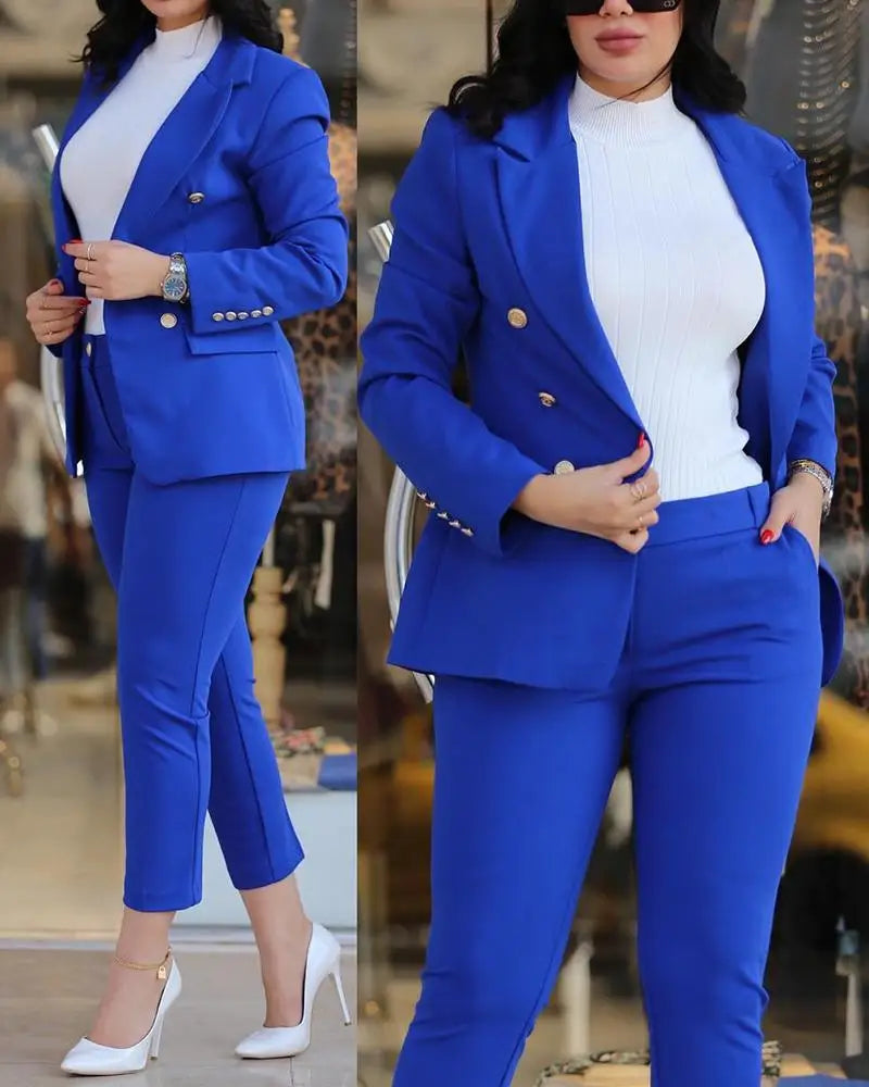 Casual Long Sleeve Suit Jacket Pants Set Office Lady Spring Autumn Elegant Solid Blouse Trousers Two Piece Set Women Outfit 2023 - Seprincess