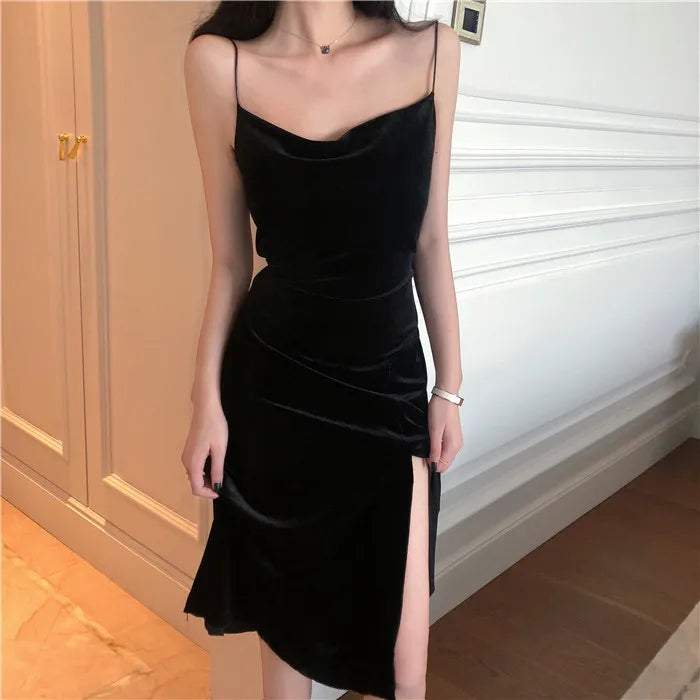 New 2022 Vintage Women Dress Spaghetti Strap Slit Velvet Black Dress Sexy Bodycon Bandage Dress Midi Party Dress Verano Vestidos - Seprincess