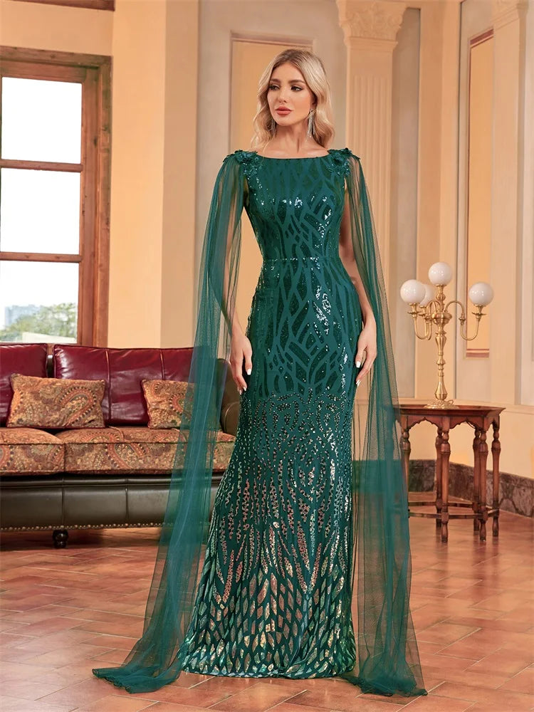 XUIBOL Luxury Arabia Long Sleeve Green Sequins Evening Dress Women 2024 Female Guests Wedding Party Floor-Length Cocktail Prom - Seprincess