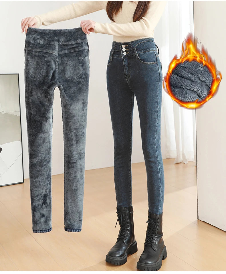 Black Fleece Warm Women Winter Jeans Thickened High Waist Multi-button Skinny Stretch Denim Pants Fashion Korean Female Trousers