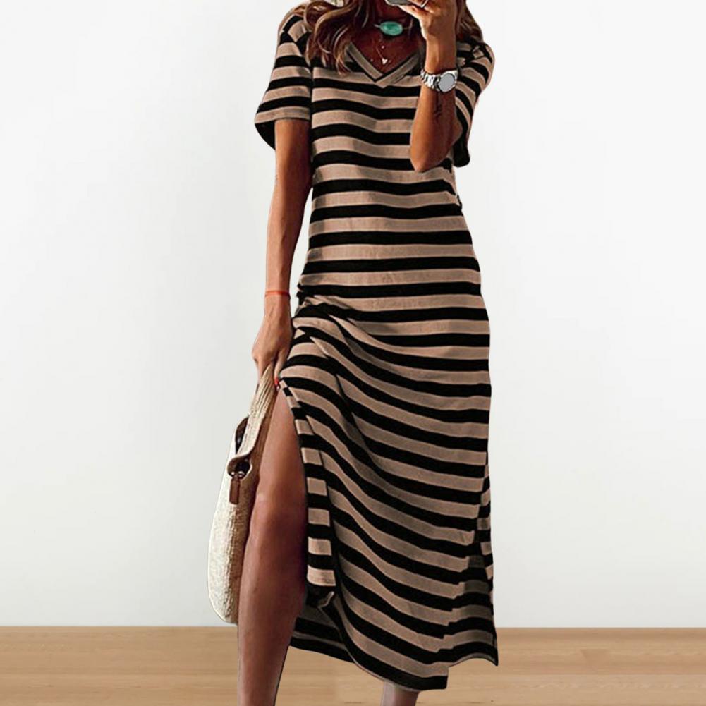 Summer Dresses 2023 Woman Plus Size Dresses For Women Casual Stripe Print V-neck Short Sleeve Loose Long Dress Robe Femme - Seprincess