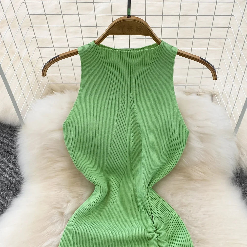 Summer Green Black Knitted Robe Femme Summer O Neck Sleeveless Kink Hollow Out Sexy Slim Bodycon Dress Split Fork Long Vestidos - Seprincess