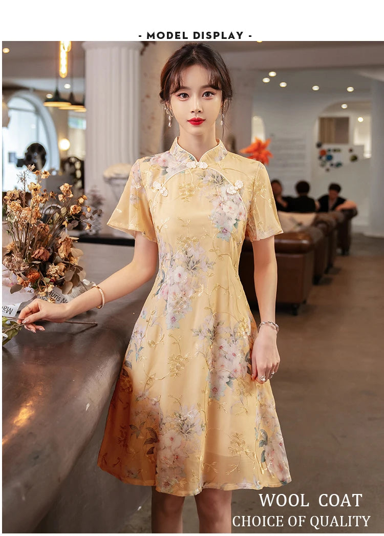 Summer Improved Young Style National Style Embroidered Floral Short Sleeve Women's Qipao Dress Chinese Traditional Cheongsam - Seprincess