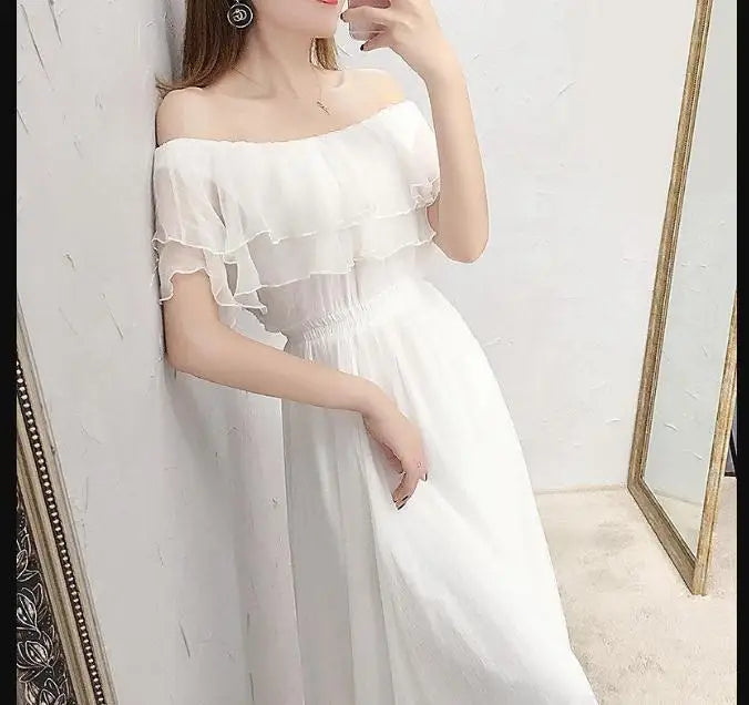 Women's Summer Beach Style Chiffon White Long Dress Lady Graceful Fairy Layers Ruffles Off-Shoulder Dresses Evening Party Gown - Seprincess