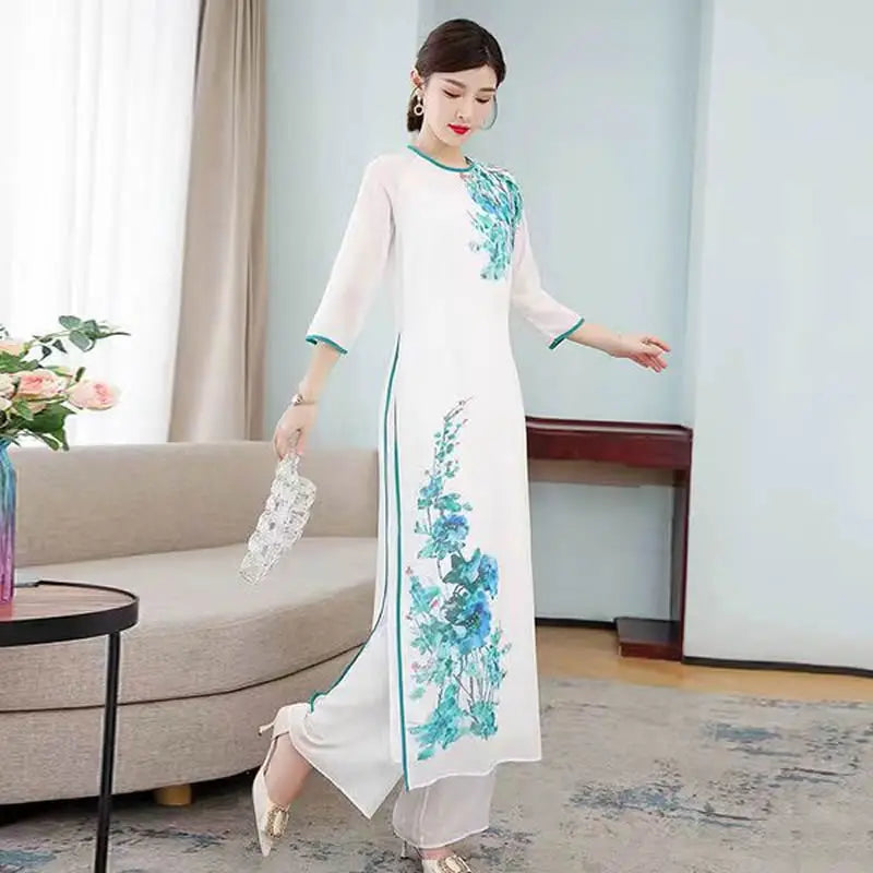 Spring Summer Ao Dai Cheongsam Folk Style Vietnam Chiffon Aodai Graceful Elegant Women Chinese Traditional Dress Improve Qipao - Seprincess