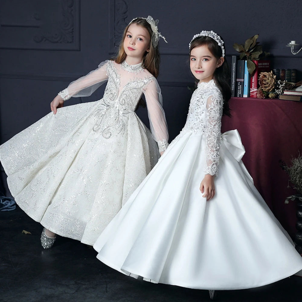 Graceful High Collar Long Sleeve Princess For School Performance Party Exquisite Appliques Beads Dresses For Girls Catwalk - Seprincess