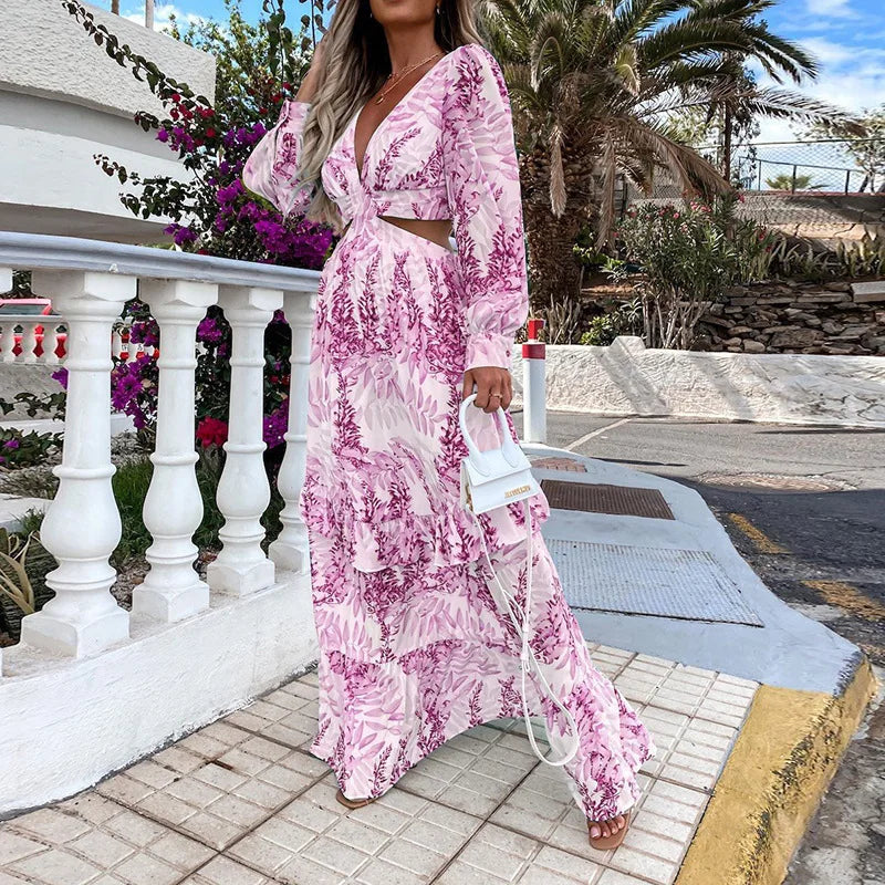 Spring New Long Dress Fashion Print Sexy Deep V-neck Long Sleeved Dress Women's Elegant Hollow Out Ruffle Spliced Maxi Dress - Seprincess