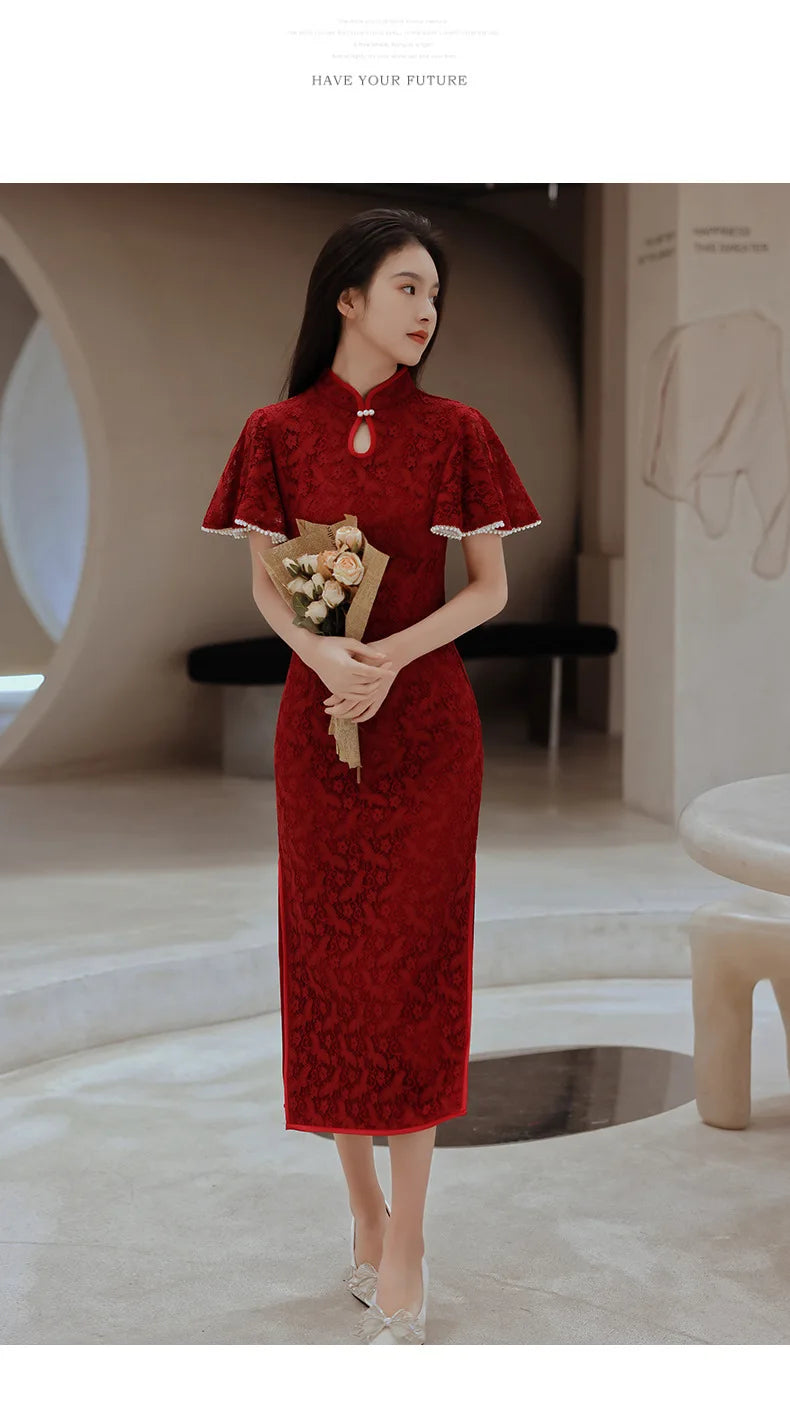 Red Cheongsam Chinese Women Lace Qipao Long Quipao Chinese Traditional Clostume Wedding Party Evening Dress Clothes - Seprincess