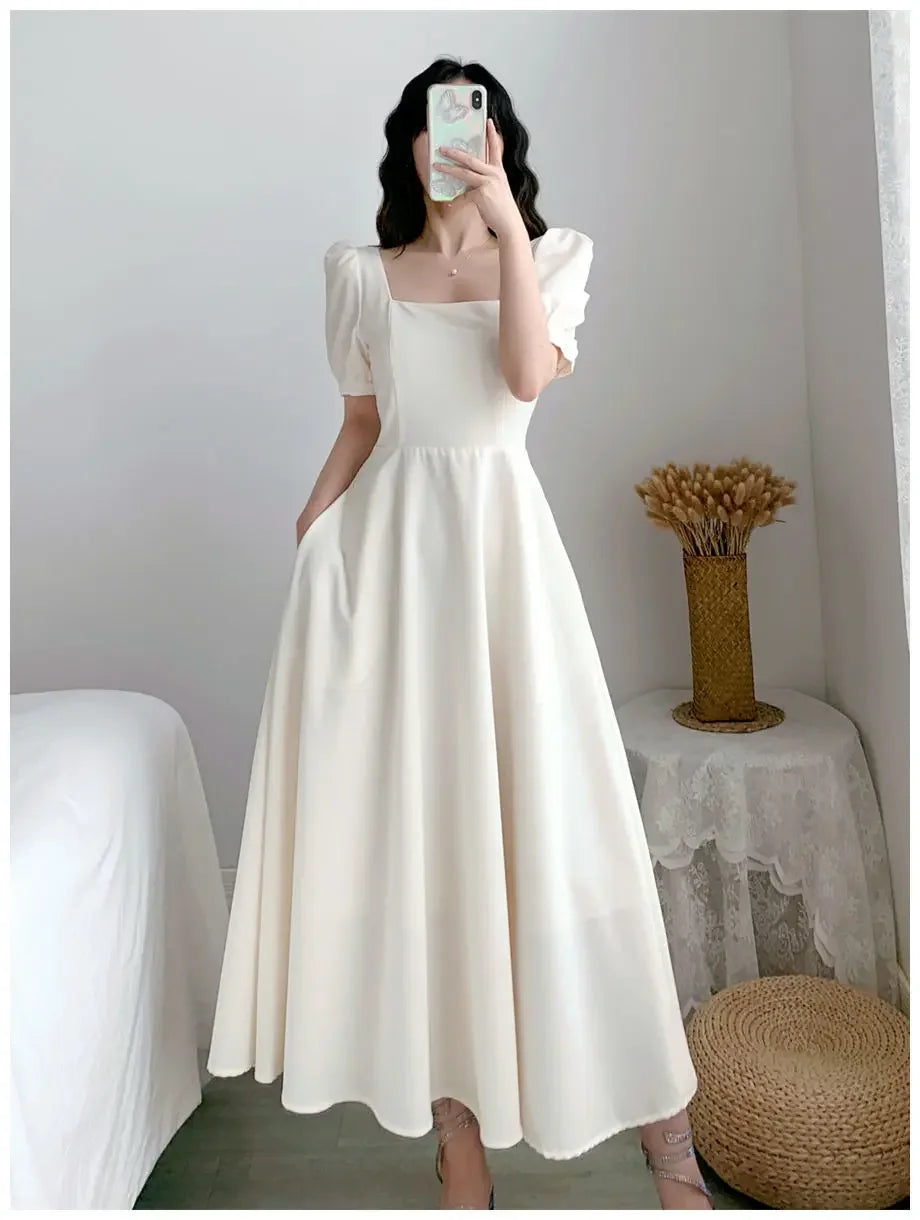 Slim Fit Women White Dress Bubble Sleeve Square Neck Light Wind Style Long Skirt Summer Casual Korean Style - Seprincess