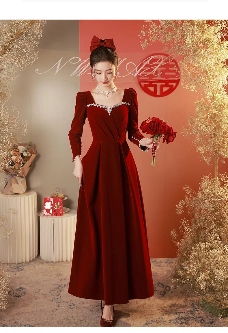 Burgundy Velvet Prom Dresses Square Collar Long Sleeve Pearl Crystal Long Engagement Dress Plus Size Female Formale Gowns - Seprincess