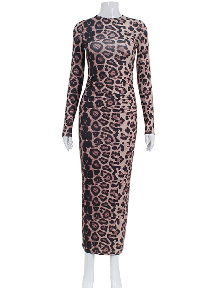 CNYISHE Leopard Bodycon Sheath Sexy Club Women Dresses Long Sleeve O Neck Outfits Fashion Bodycon Slim Female Vestidos Robes - Seprincess