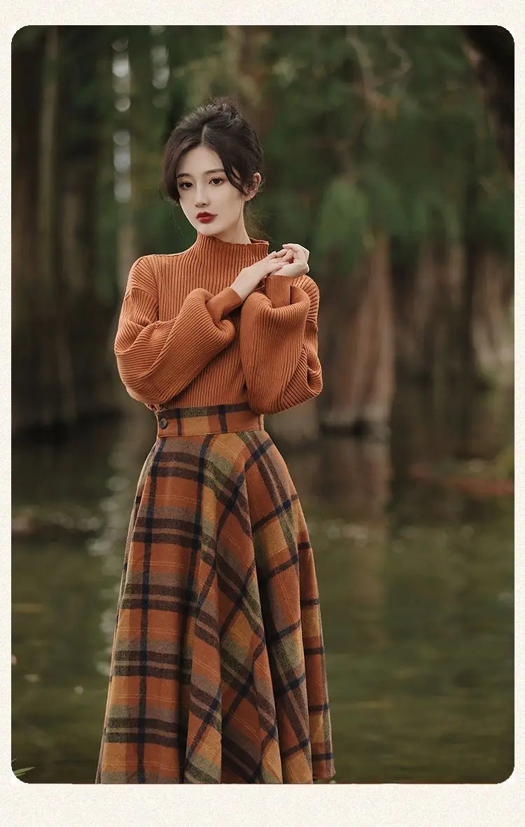 Women's Spring Autumn Vintage Plaid Long Skirts Sweater Two-Piece Set French Lady Graceful Knit Pullover High Waist Skirt Outfit - Seprincess