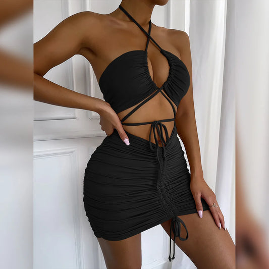 Fairyshely Sexy Ruffle Hollow Out Short Club Dress Ladies 2024 Summer Black Bodycon Dresses Evening Party Tight Mini Dress - Seprincess