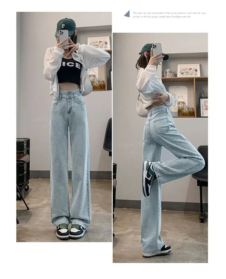 Solid Pockets Button High Waist Jeans Elegant Fashion Harajuku Slim Fit Female Clothes Casual Sweat All Match Straight Pants