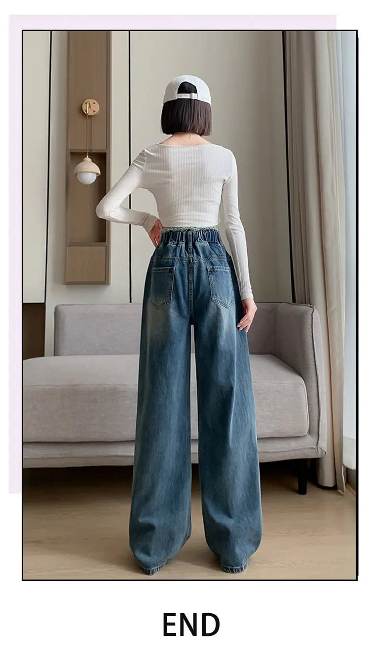 Large Size Denim Trousers Women Trailing Straight Wide Leg Loose High Waisted Slim Lace Tassel Higher Pants