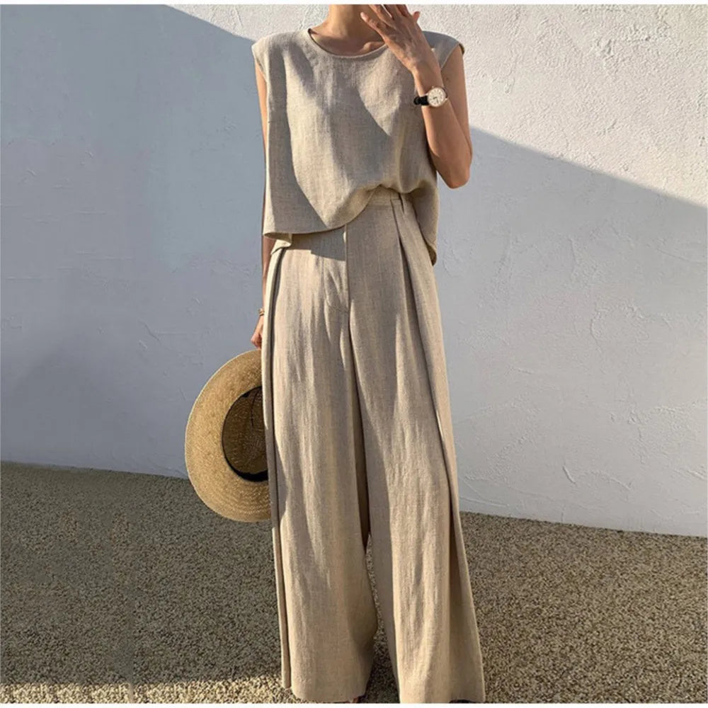 Elegant Cotton linen Women Suit Casual Loose Two-piece Sleeveless Top Wide-leg Pants Outfits Female Summer Solid Elegant Sets - Seprincess