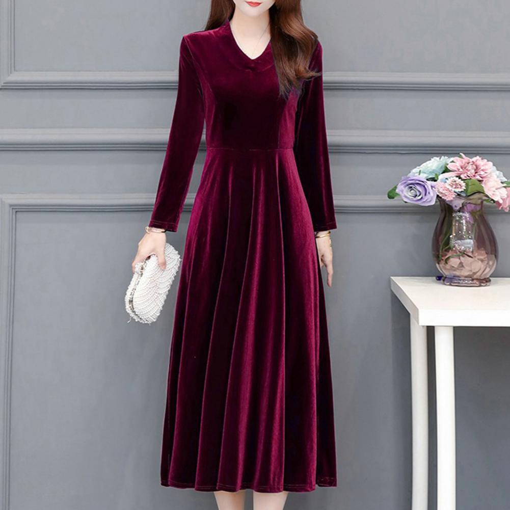 2023 Spring Vintage Women Midi Party Dress Long Sleeve Burgundy Black Velvet Dress 3XL 4XL 5XL 6XL - Seprincess