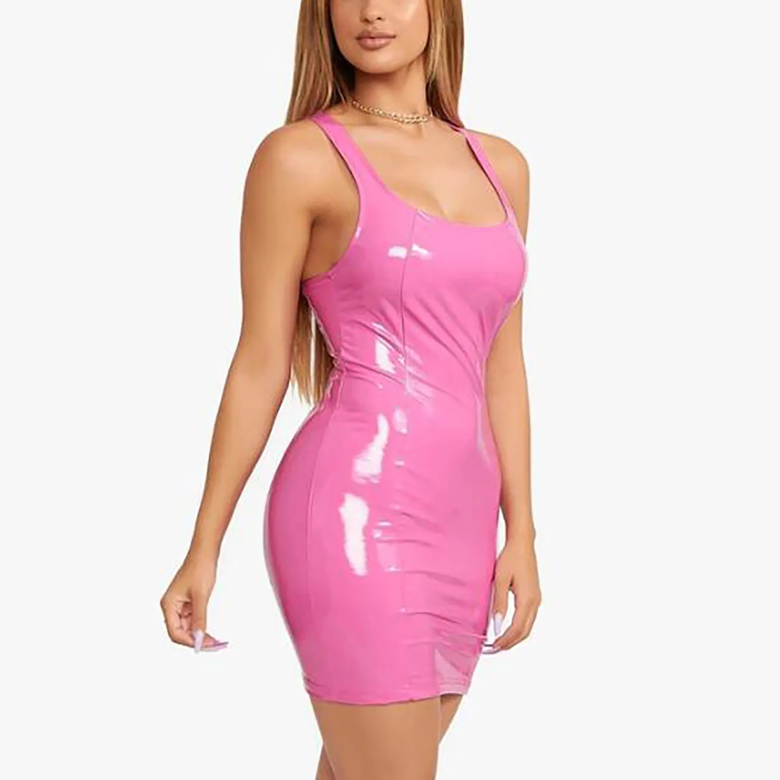 Multicolour Sexy Pink PU Leather Bodycon Party Club Dresses Vestido Women Sleeveless Low Cut Back Zipper Elastic Mini Dress - Seprincess