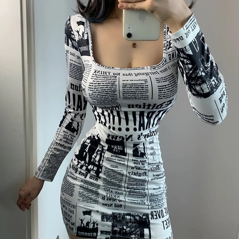 Hot-selling Printed Europe Newspaper Sexy Mini Dress 2020 Autumn New Fashion Street Shooting Slim Girl Female Square Collar ZW0 - Seprincess