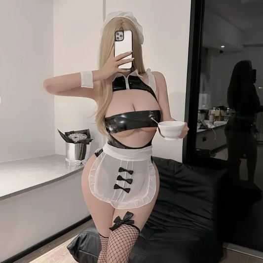 Anime Maid Uniform PU Latex Leather Bondage Hollow Out Bra Miniskirt Set Women Sexy Lingerie Outfits Cosplay Costume