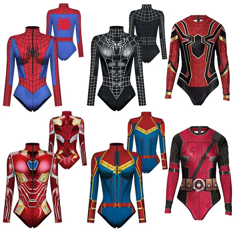 Superhero Bodysuit for Women Men Spiderman Captain Cosplay 3D Print Long Sleeve Swimsuit Adult Halloween Carnival Costume - Seprincess