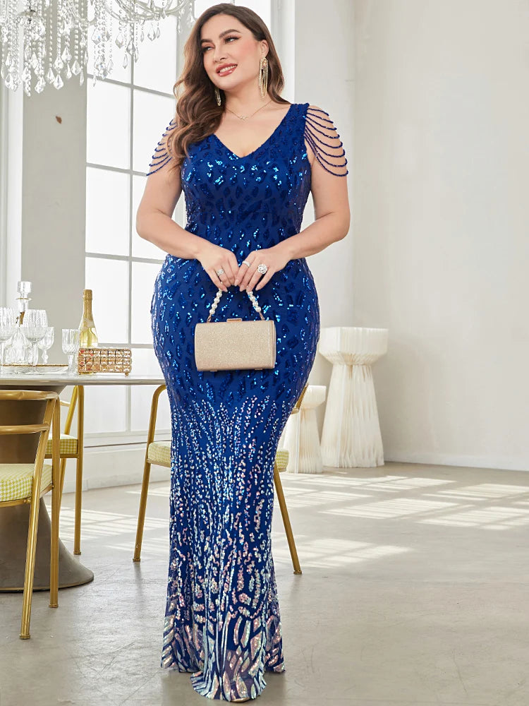 XUIBOL Plus Size Elegant Sequins Evening Dress 2024 Women Formal Maxi Prom Blue Party Dress Luxury Beading Cocktail Dresses - Seprincess