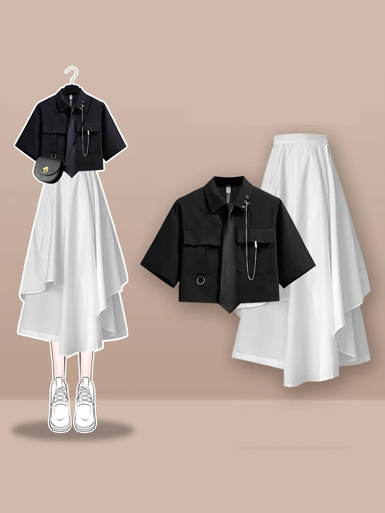 Xgoth Sweet Cool Suit Female Preppy Korean Loose High Street Short-sleeve Workwear Shirt + Half Body Skirt Women Black 2pcs Set - Seprincess