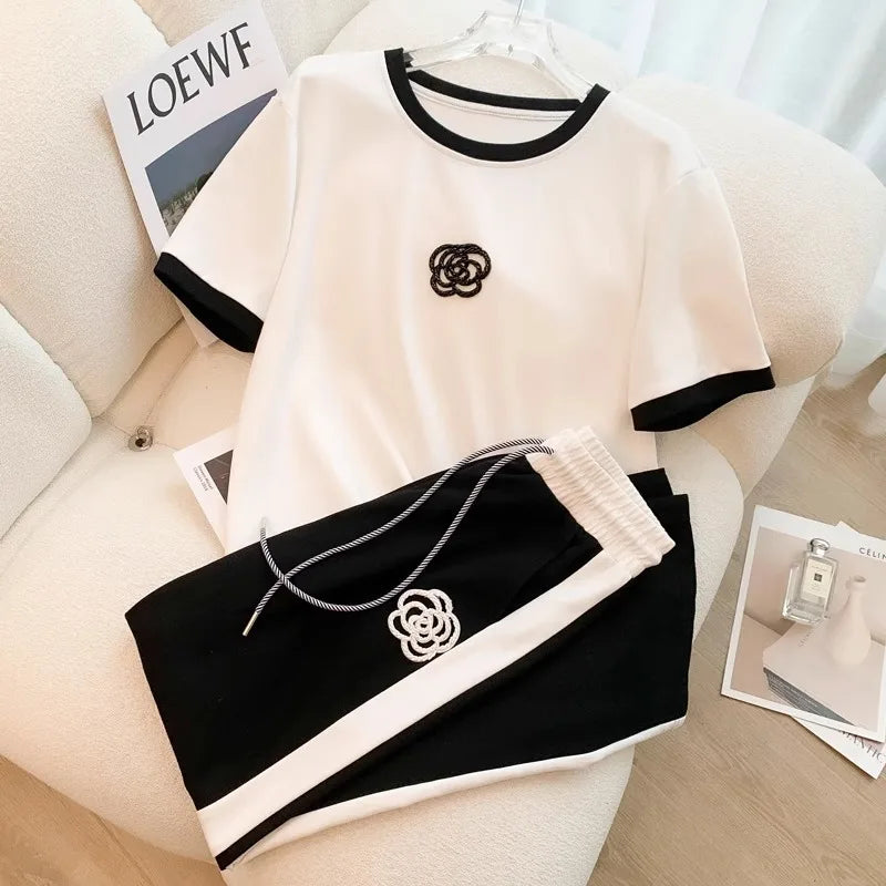 Summer Women's White Black Sets Round Neck Short Sleeve T-shirt And Pants Sets For Women 2 Pieces Tracksuits Outfits - Seprincess