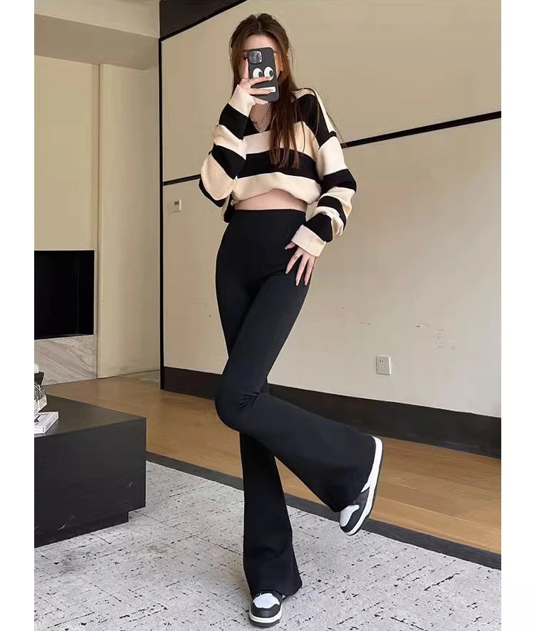 2024 New Autumn and Winter Shark Flared Pants Women's Wear High Waist Skinny Elastic Yoga Fleece Leggings