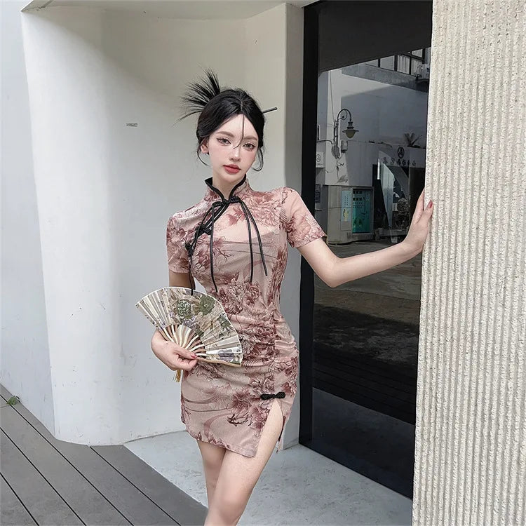 Chinese cheongsam summer high slim elegant flower long maxi dress hot sexy short skirt Korean fashion women Y2K clothing - Seprincess