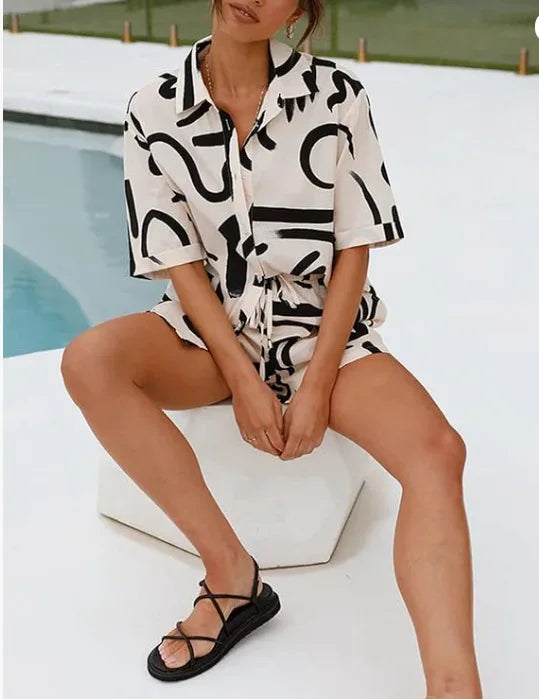 Casual Beach Holiday Loose Shirt Short Sets Bohemian Geometric Print Two Piece Set For Women Summer Outfits For Women 2023 - Seprincess