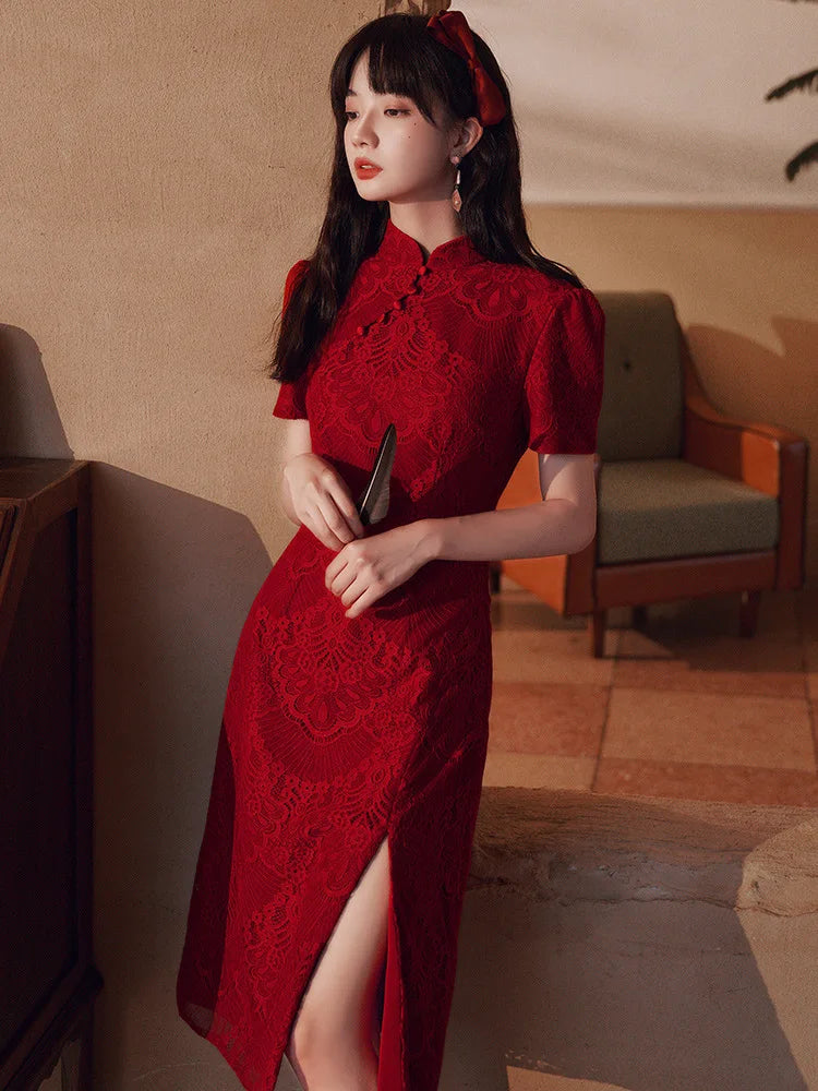 Chinese Style Red Lace Short Sleeve Cheongsam Slim Dress Elegant Traditional Evening Dresses Qipao - Seprincess