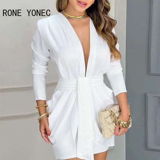 Women Chic Elegant Long Sleeves Deep V Neck Mini A Line Ruffles Formal Party & Working White Dresses - Seprincess