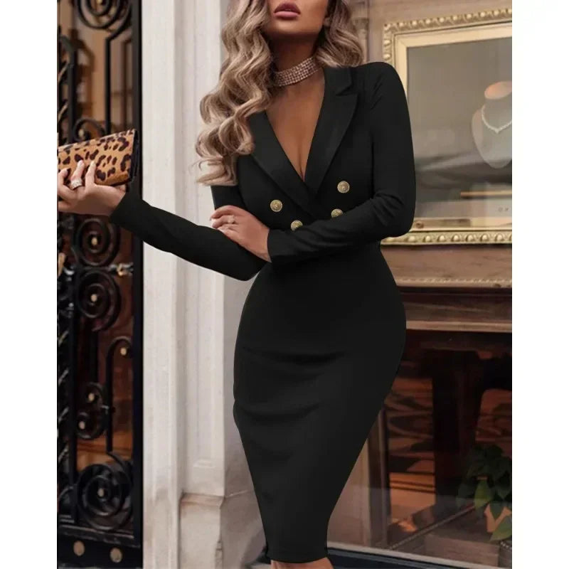 Spring Summer 2024 New Business Suit and Dress Women Solid V-neck Double Breasted Dress Women Long Sleeve Slim Fit Elegant Dress - Seprincess