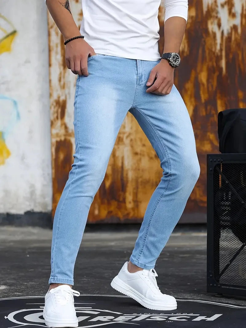 Man Pants Retro Washing Zipper Stretch Jeans Casual Slim Fit Trousers Male Plus Size Pencil Pants Denim Skinny Jeans for Men