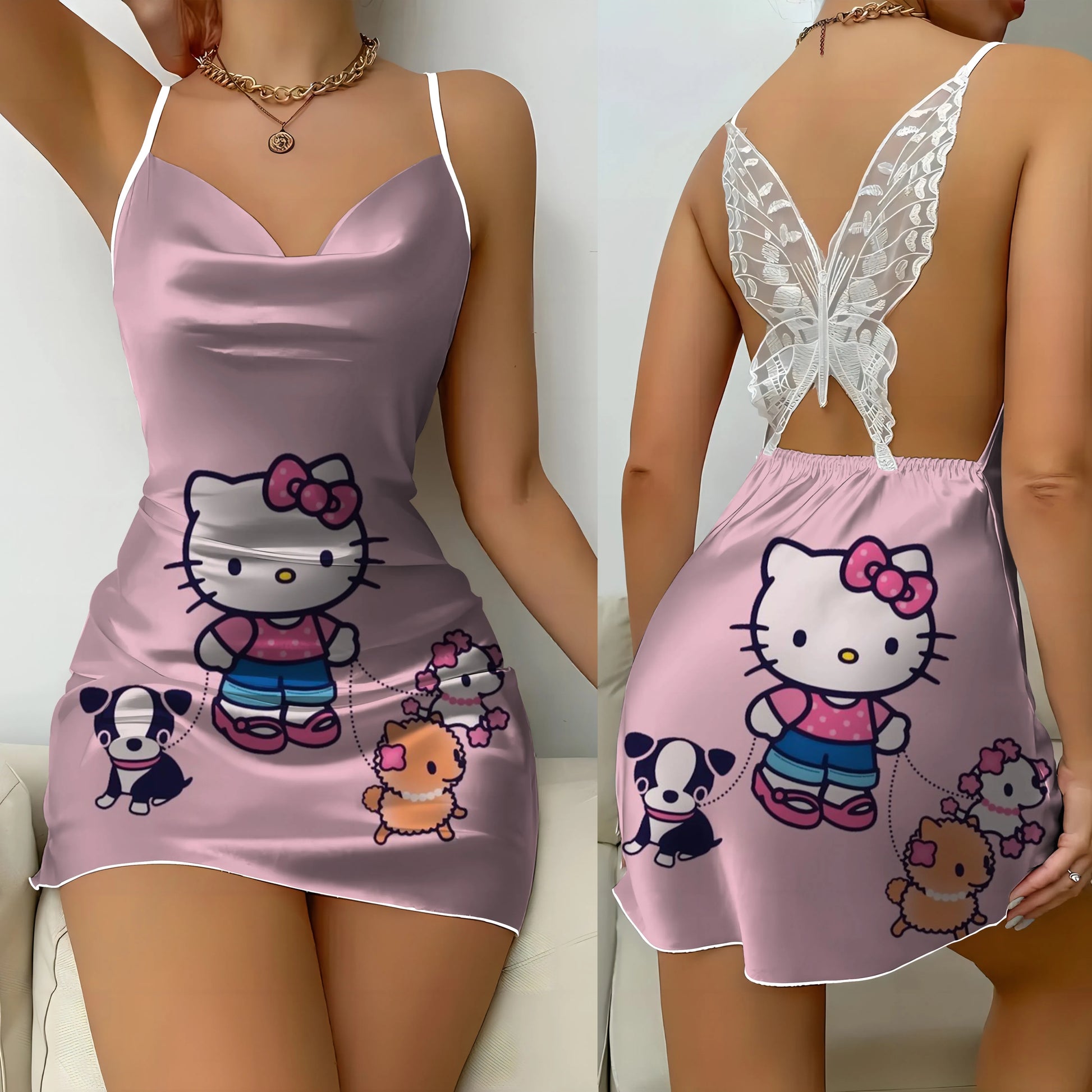 Mini Dress Pajama Skirt Hello Kitty Sexy Dresses Off Shoulder Bow Knot Satin Surface Womens Fashion Summer 2024 Short Party Lace - Seprincess