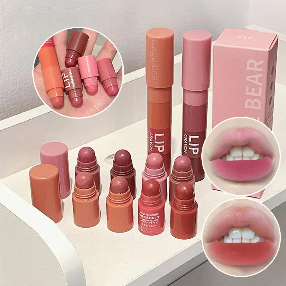 Gege Bear 4 in 1 Velvet Matte Crayon Lipstick Super Stay Makeup Pink Red Long Wear Waterpoof Non-Stick Cup Tiny Lip Stick - Seprincess