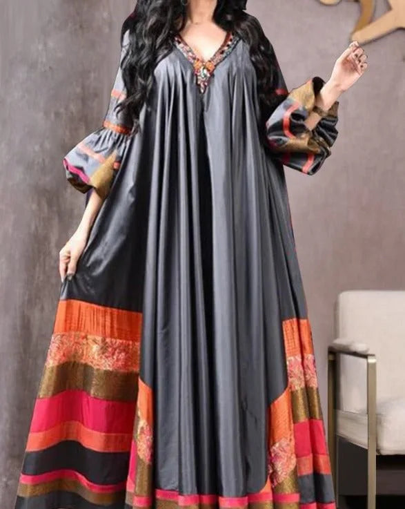 Vintage Printed Dress Women Breathable Loose Middle Eastern Robe Casual Long Sleeve Abaya V-neck Loose Muslim Abayas for Women - Seprincess