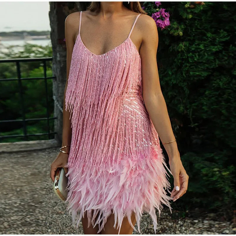 2024 Sexy Women's Fringed Sequin Feather Stitching Dress Summer Slim V-Neck Off Shoulder Dresses Female Backless Slip Mini Robe - Seprincess