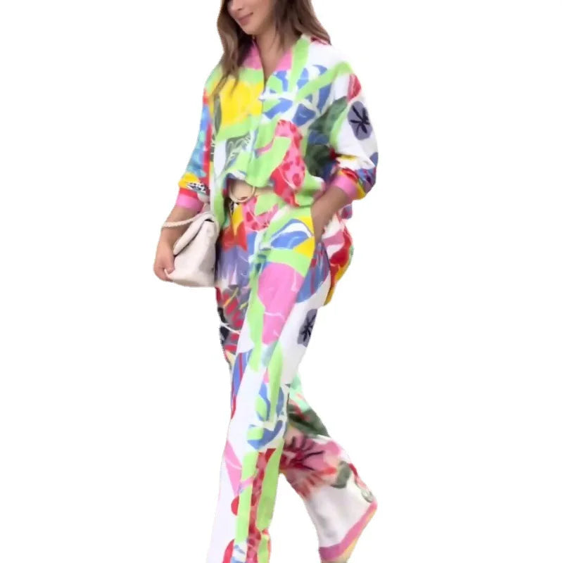 Fashion Color Print Two Piece Set Women Trendy Loose Long Sleeve Shirts Wide Legs Trousers 2 Piece Set Female  Commuting Suits - Seprincess