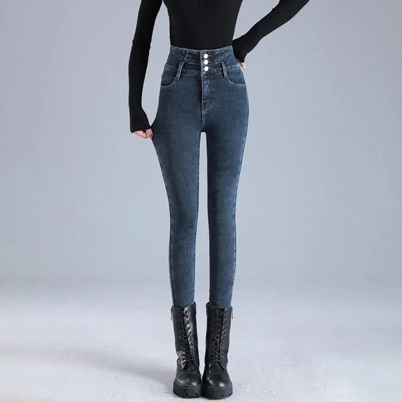 2023 Winter New Women's High-Waisted Elastic Korean Style Slimming Thickened Warm Fleece-Lined Jeans Outer Wear Small Foot Trous