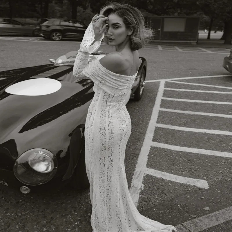 White Off Shoulder See-through Lace Up Maxi Dress Women Flared Long Sleeves Chest Wrapped Dresses Summer Elegant Seaside Gowns - Seprincess