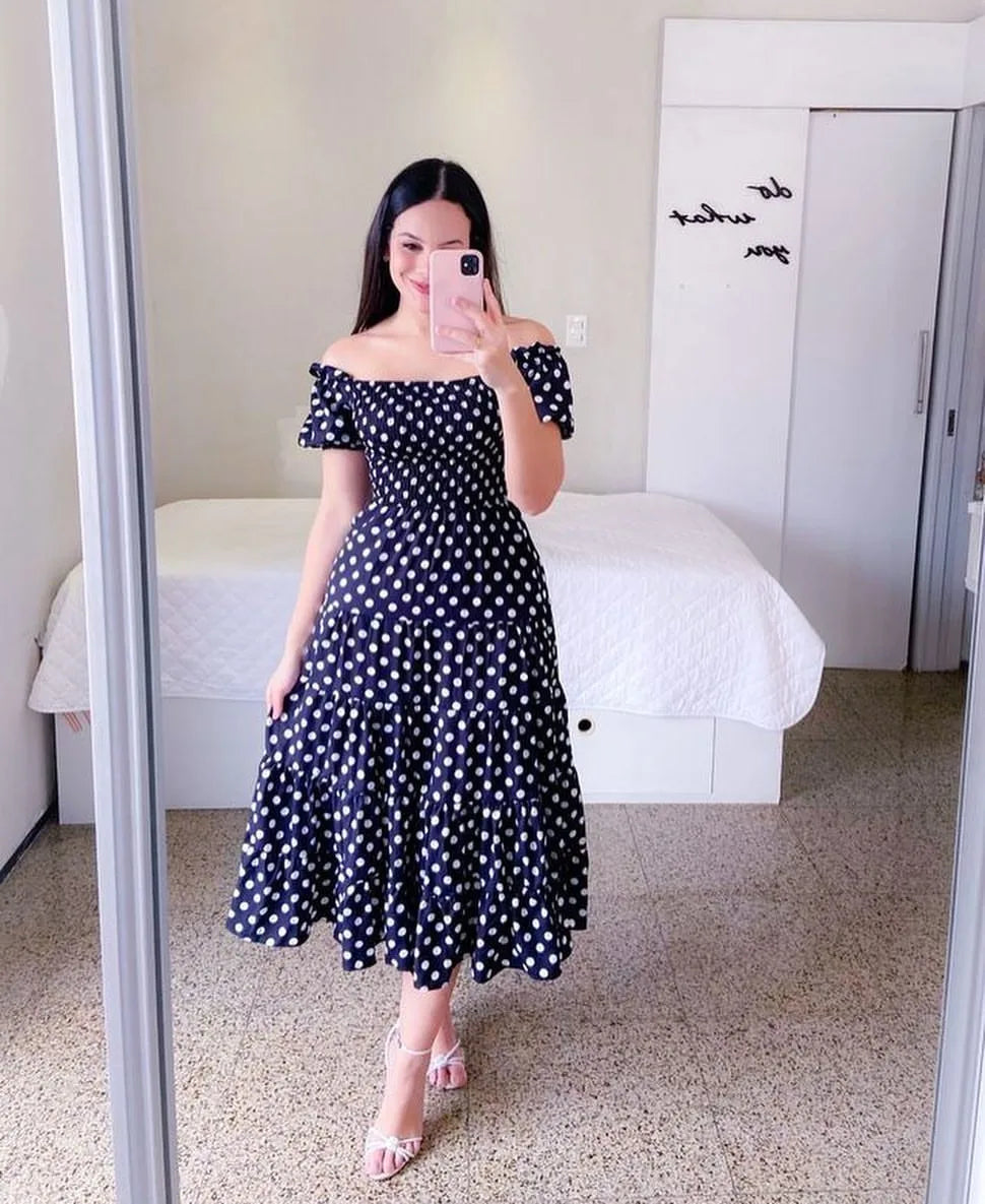 Elegant Women's Off Shoulder Midi Dress 2024 Summer Fashion dresses High Waist Flower Print Short  Sleeve Dress Robe Clothing - Seprincess