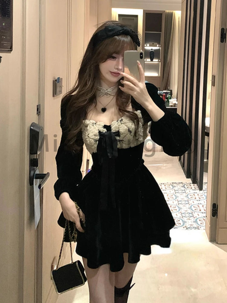 French Hepburn Elegant One Piece Dress Women Black Vintage Chic Party Dress Female Korean Fashion Sexy Lolita Dress 2023 Winter - Seprincess