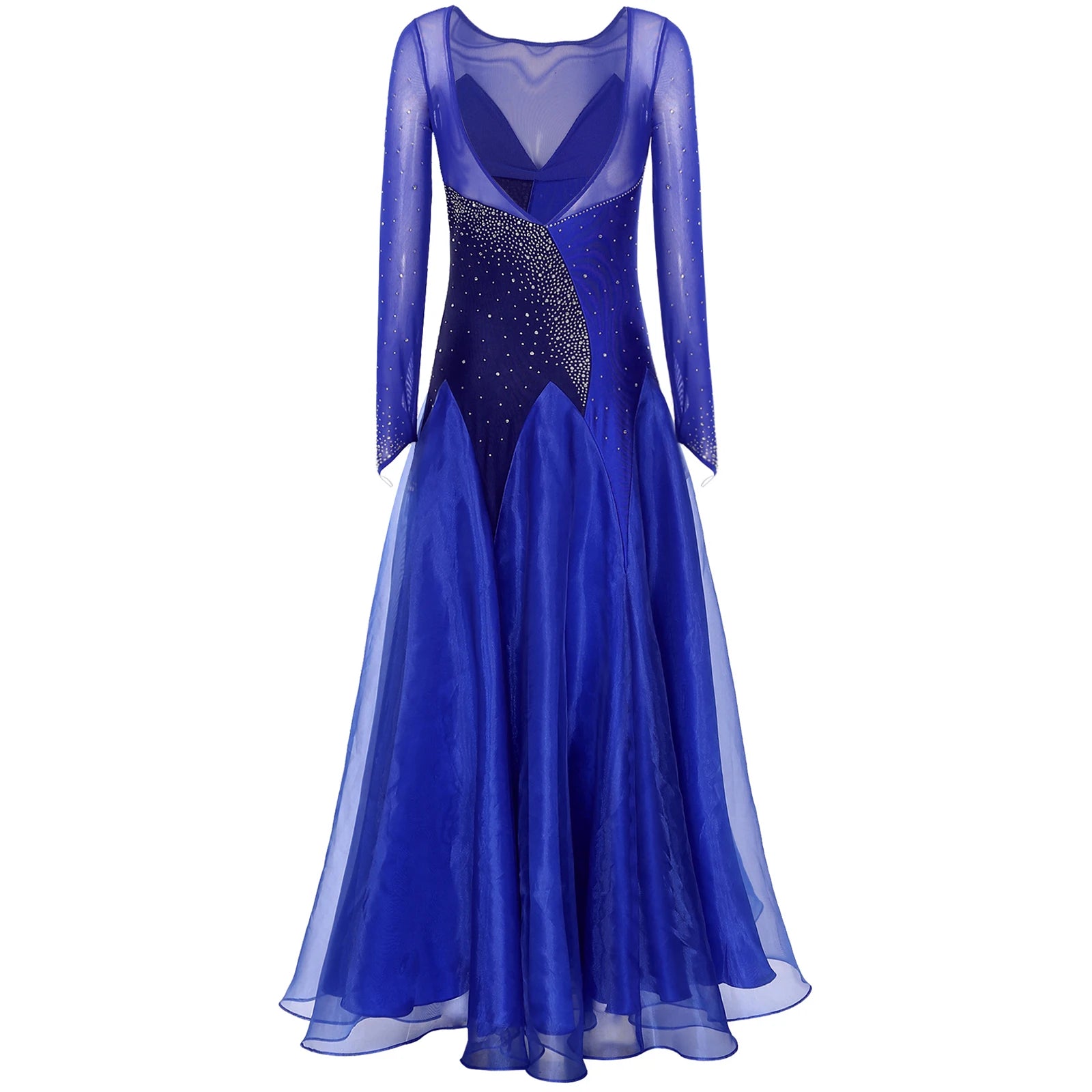 Womens Sheer Mesh Ballroom Dance Dresses Long Sleeve Shiny Rhinestones Dress for Lyrical Waltz Cha-Cha Performance Competition - Seprincess