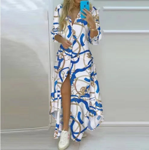 Women Boho Printed Long Shirts Dress Summer Turn-down Collar Long Sleeve Party Dress Female Casual Evening Maxi Dresses Vestidos - Seprincess