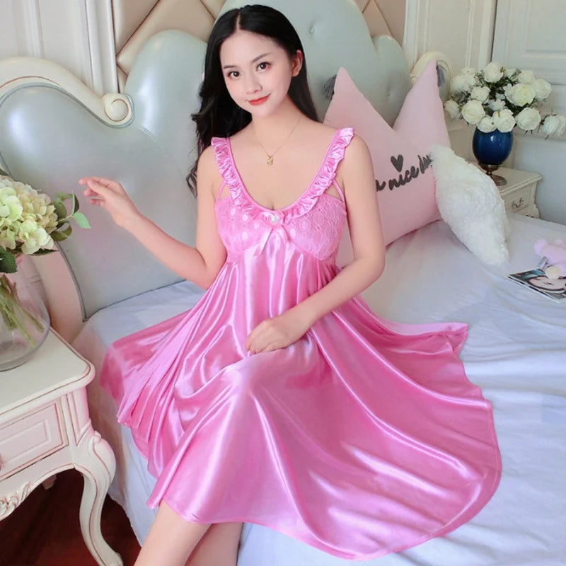 Thin Silk Lady Charming Sleepwear Night Dress Women Sexy Soft Lingerie Spaghetti Strap Home Wear Honeymoon Bride Wedding Nighty