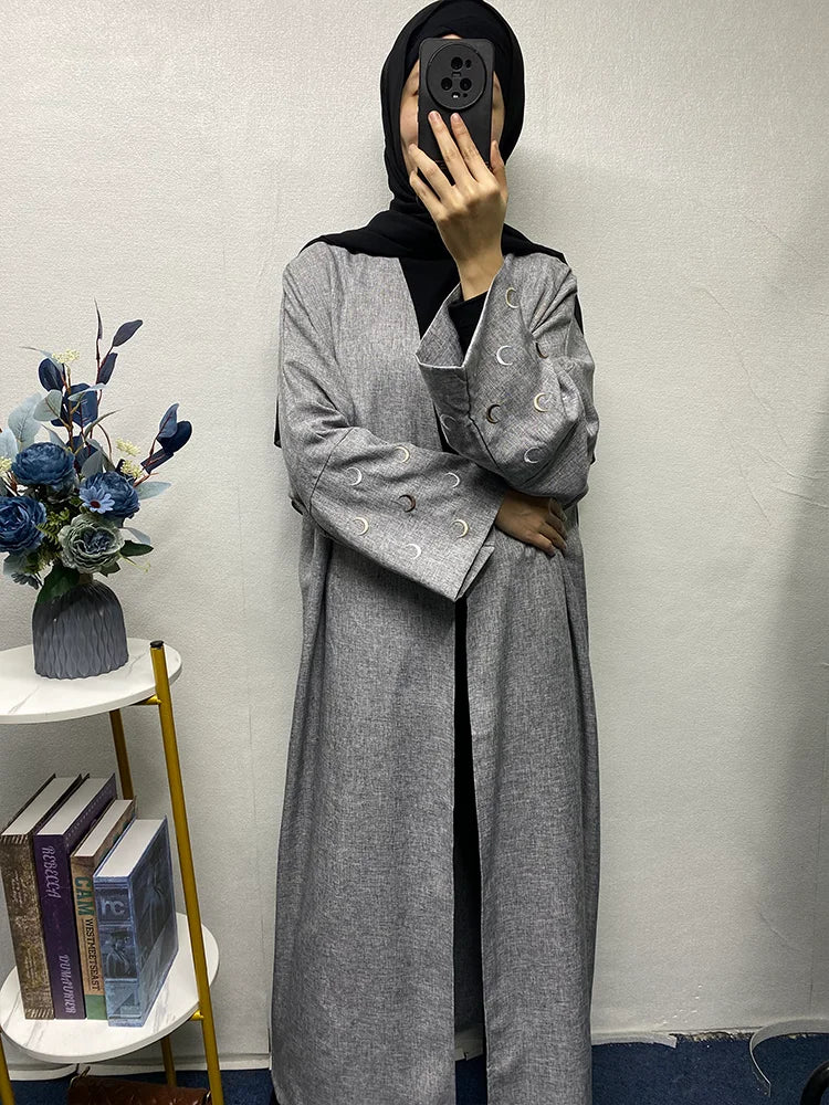 Moon Embroidery Abaya with Loose Bat Sleeves Ramadan for Women 2024 Linen Kimono Open Robe Heart Design Islamic Women‘s Clothing - Seprincess