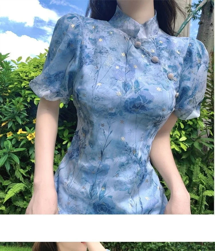 Summer French Short Sleeve Modern Chinese Dress Improvement Cheongsam Girl's Blue Print Fashion Dresses Qipao - Seprincess